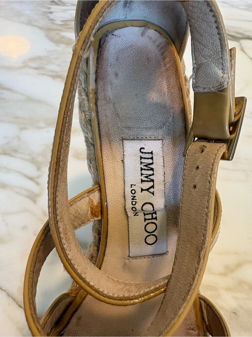 JIMMY CHOO Patent Leather Espadrille Wedge Sandals in Beige and raffia heel